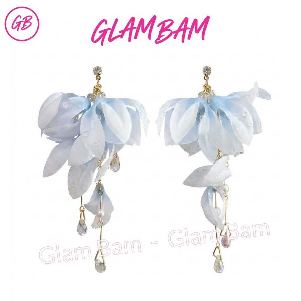 Blue Fabric Flower Tassel Drop Earrings Faux Pearl Gold Tone Long